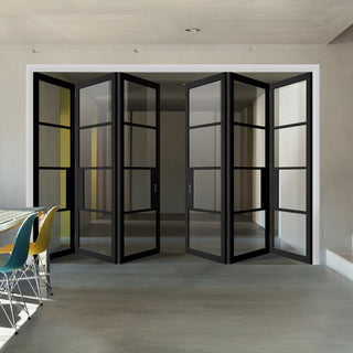 Image: Six Folding Doors & Frame Kit - Chelsea 4 Pane Black Primed 3+3 - Clear Glass