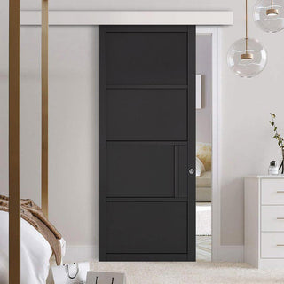 Image: Single Sliding Door & Wall Track - Chelsea 4 Panel Black Painted Door - Prefinished