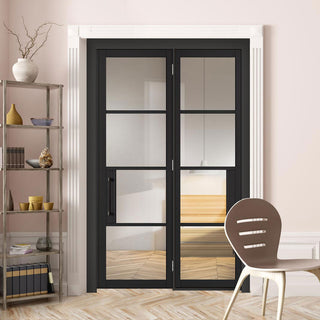 Image: ThruEasi Room Divider - Chelsea 4 Pane Black Primed Clear Glass Unfinished Door with Single Side