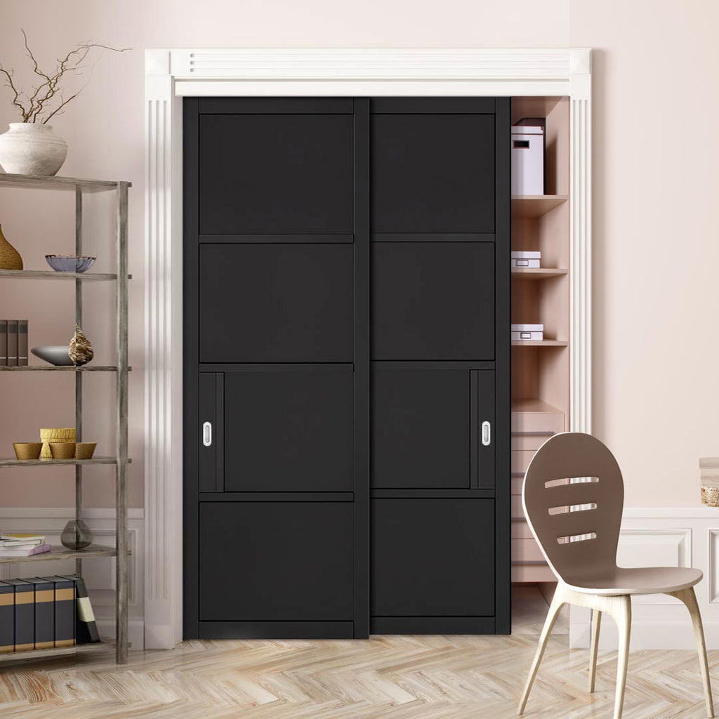 Two Sliding Maximal Wardrobe Doors & Frame Kit - Chelsea 4 Panel Black Painted Door - Prefinished