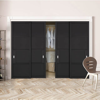Image: Four Sliding Maximal Wardrobe Doors & Frame Kit - Chelsea 4 Panel Black Painted Door - Prefinished
