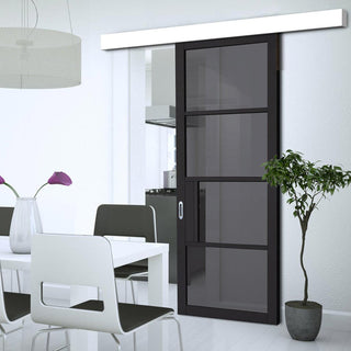 Image: Sirius Tubular Stainless Steel Sliding Track & Chelsea 4 Pane Black Primed Door - Tinted Glass