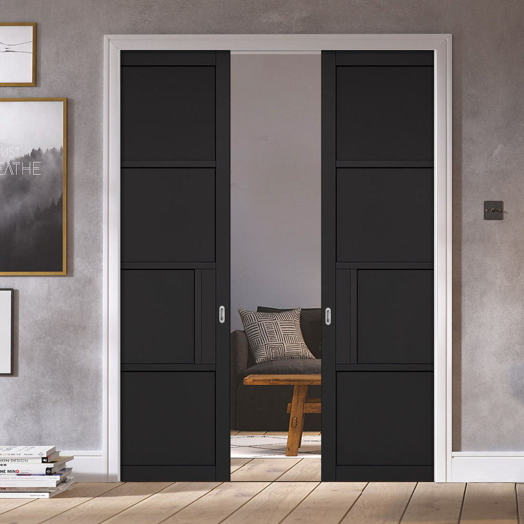 Chelsea 4 Panel Black Painted Double Evokit Pocket Doors - Prefinished