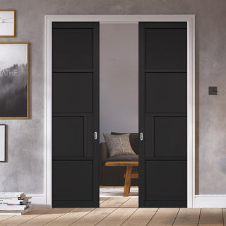 Image: Chelsea 4 Panel Black Painted Double Evokit Pocket Doors - Prefinished