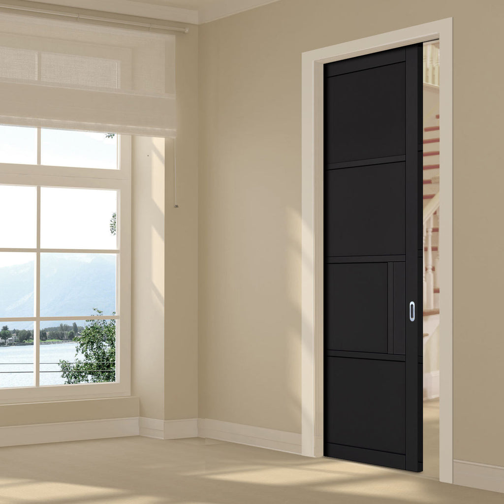 Chelsea 4 Panel Black Painted Single Evokit Pocket Door - Prefinished