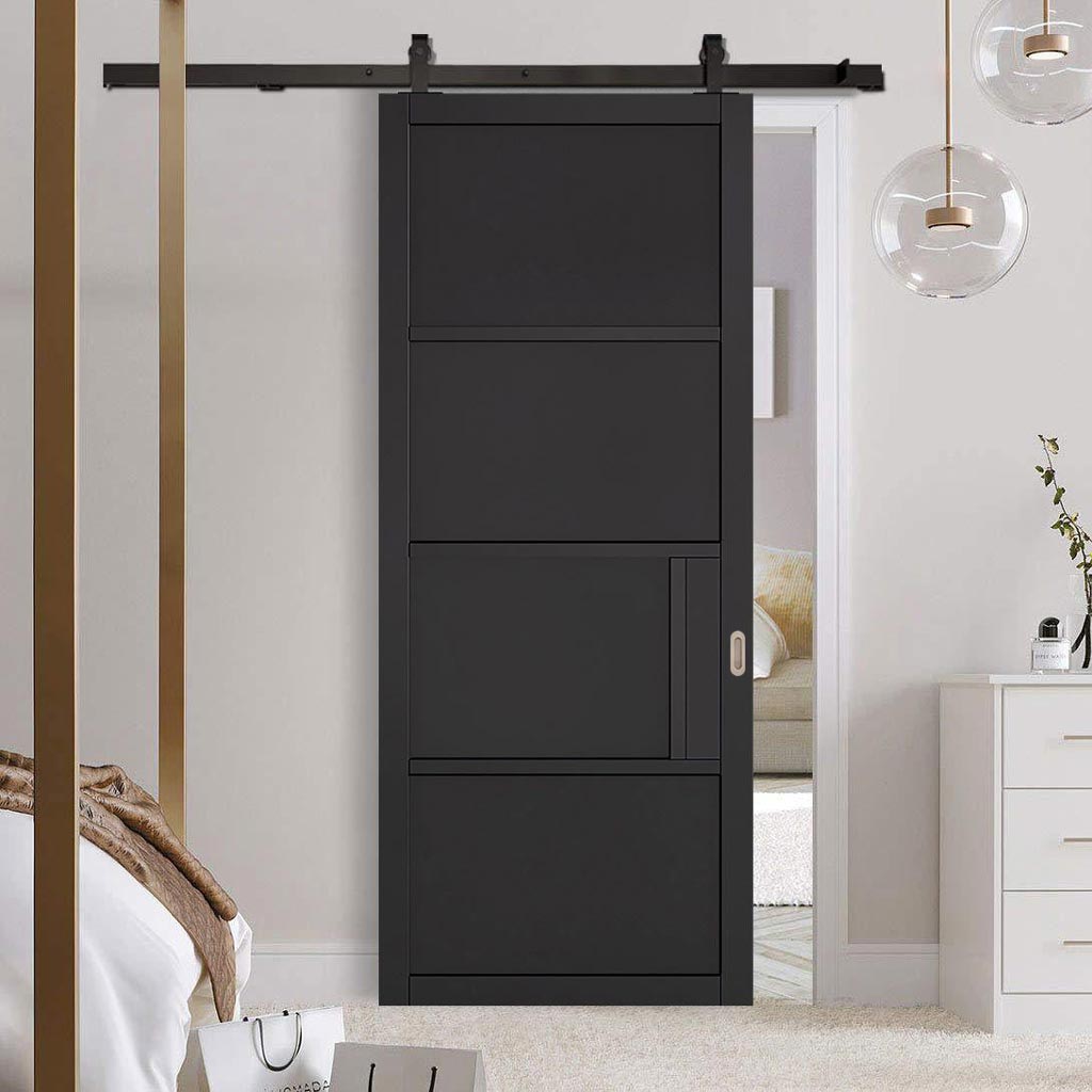 Top Mounted Black Sliding Track & Door - Chelsea 4 Panel Black Painted Door - Prefinished