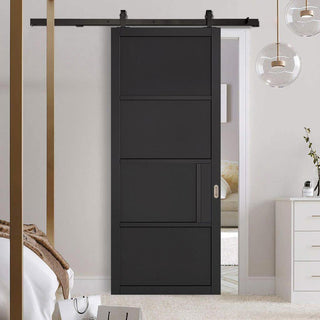 Image: Top Mounted Black Sliding Track & Door - Chelsea 4 Panel Black Painted Door - Prefinished