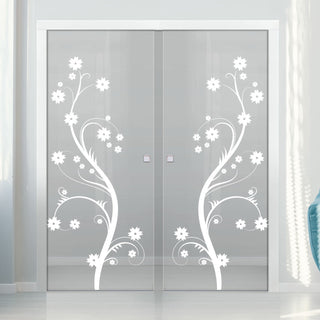 Image: Cherry Blossom 8mm Clear Glass - Obscure Printed Design - Double Evokit Glass Pocket Door