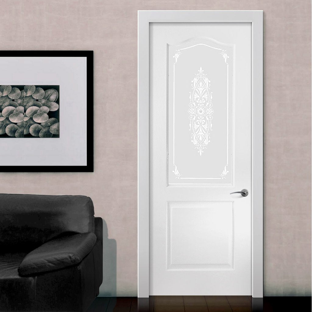 White PVC classic door with grained faces sandblast toughened floral brocade style glass