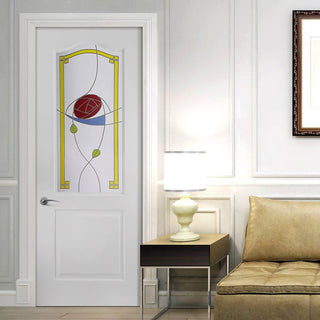 Image: White PVC classic door with grained faces rennie macintosh style colour toughened glass 