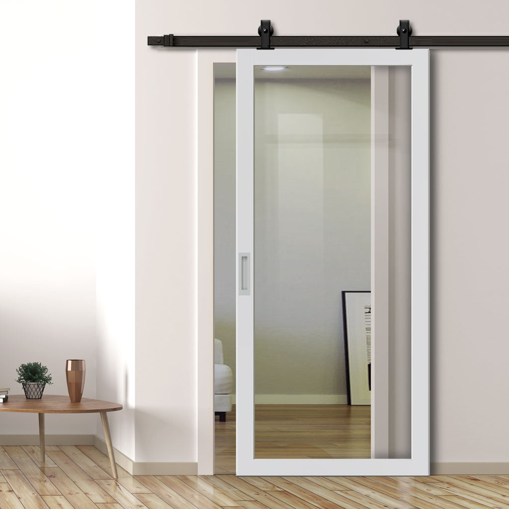 Top Mounted Black Sliding Track & Solid Wood Door - Eco-Urban® Baltimore 1 Pane Solid Wood Door DD6301G - Clear Glass - Cloud White Premium Primed