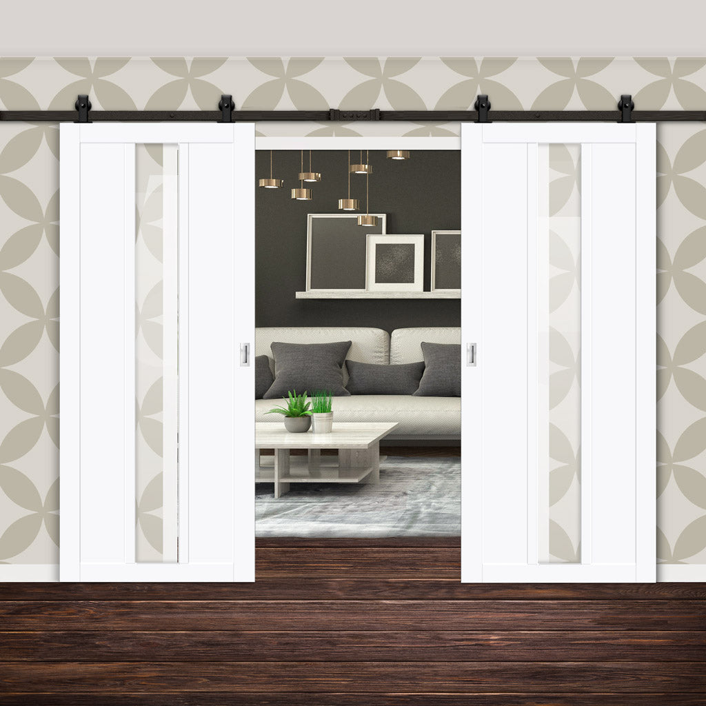 Top Mounted Black Sliding Track & Solid Wood Double Doors - Eco-Urban® Cornwall 1 Pane 2 Panel Doors DD6404G Clear Glass - Cloud White Premium Primed