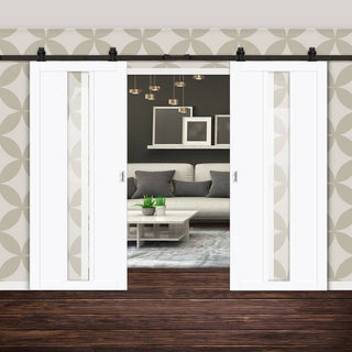 Image: Top Mounted Black Sliding Track & Solid Wood Double Doors - Eco-Urban® Cornwall 1 Pane 2 Panel Doors DD6404G Clear Glass - Cloud White Premium Primed