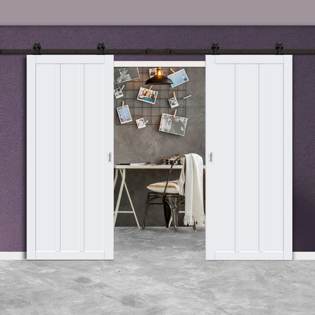 Top Mounted Black Sliding Track & Solid Wood Double Doors - Eco-Urban® Cornwall 3 Panel Doors DD6404 - Cloud White Premium Primed