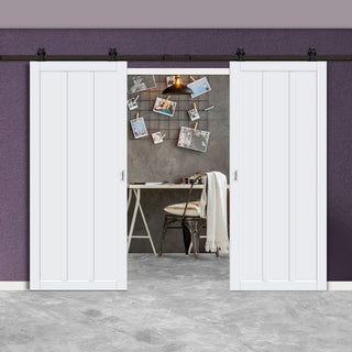 Image: Top Mounted Black Sliding Track & Solid Wood Double Doors - Eco-Urban® Cornwall 3 Panel Doors DD6404 - Cloud White Premium Primed