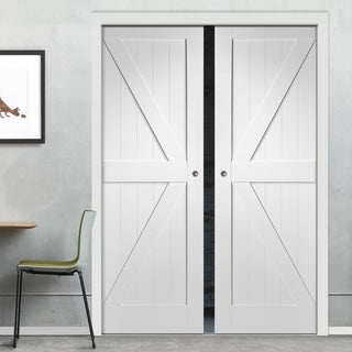 Image: Cottage Frame Ledge and Braced Double Evokit Pocket Doors - White Primed