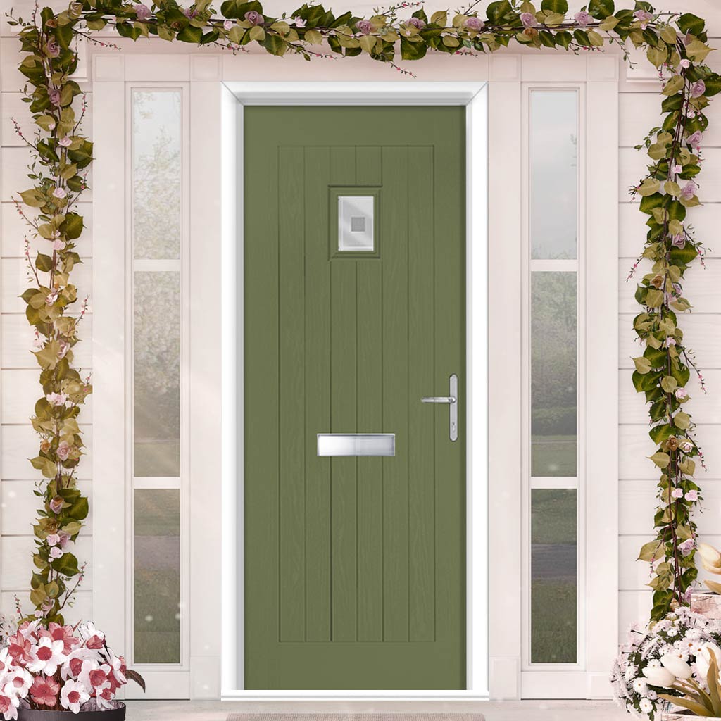Country Style Aruba 1 Composite Front Door Set with Sandblast Ellie Glass - Shown in Reed Green