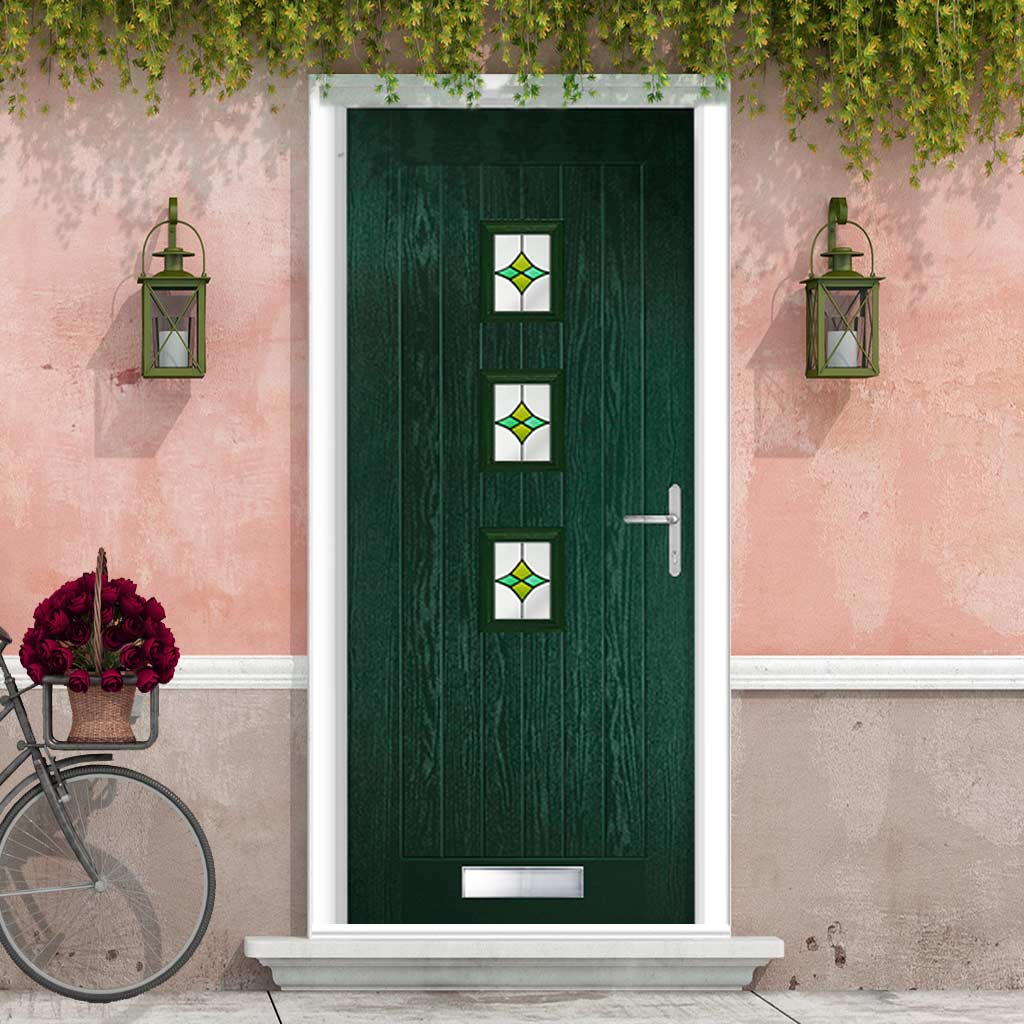 Country Style Aruba 3 Composite Front Door Set with Central Laptev Green Glass - Shown in Green