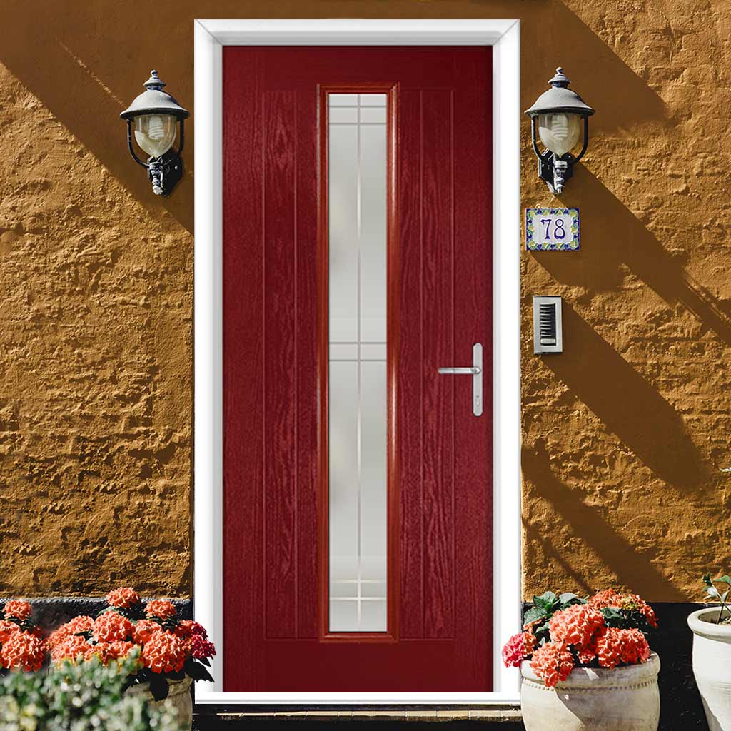 Country Style Uracco 1 Composite Front Door Set with Handle Side Linear Glass - Shown in Red