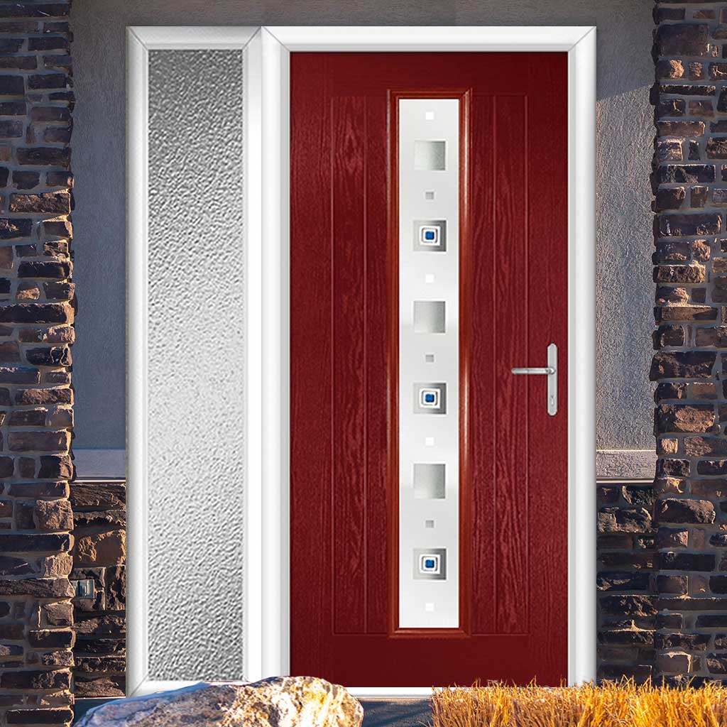 Country Style Uracco 1 Composite Front Door Set with Single Side Screen - Central Tahoe Blue Glass - Shown in Red