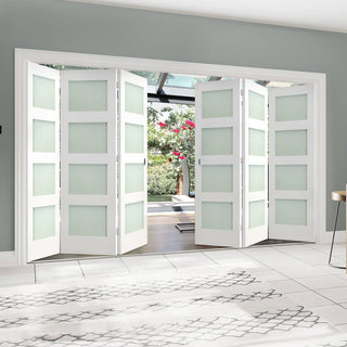 Image: Six Folding Doors & Frame Kit - Coventry Shaker 3+3 - Frosted Glass - White Primed