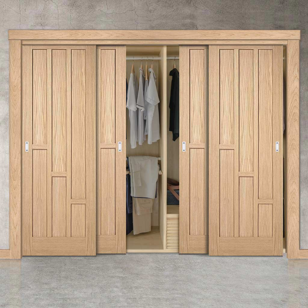 Four Sliding Wardrobe Doors & Frame Kit - Coventry Contemporary Oak Panel Door - Unfinished