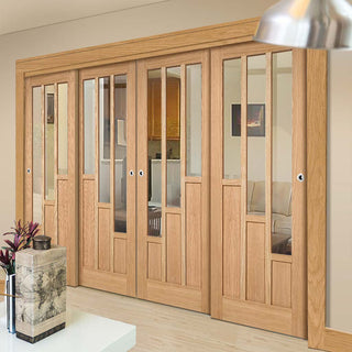 Image: Four Sliding Doors and Frame Kit - Coventry Contemporary Oak Door - Clear Glass - Unfinished