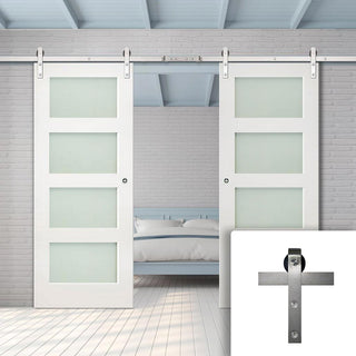 Image: Double Sliding Door & Stainless Barn Steel Track - Coventry White Primed Shaker Door - Frosted Glass