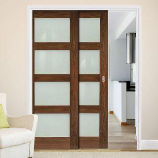 Image: Coventry Walnut Veneer Shaker Style Staffetta Twin Telescopic Pocket Doors - Frosted Glass - Prefinished