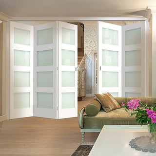 Image: Five Folding Doors & Frame Kit - Coventry Shaker 3+2 - Frosted Glass - White Primed