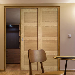 Image: Coventry Shaker Style Oak Veneer Staffetta Twin Telescopic Pocket Doors - Unfinished