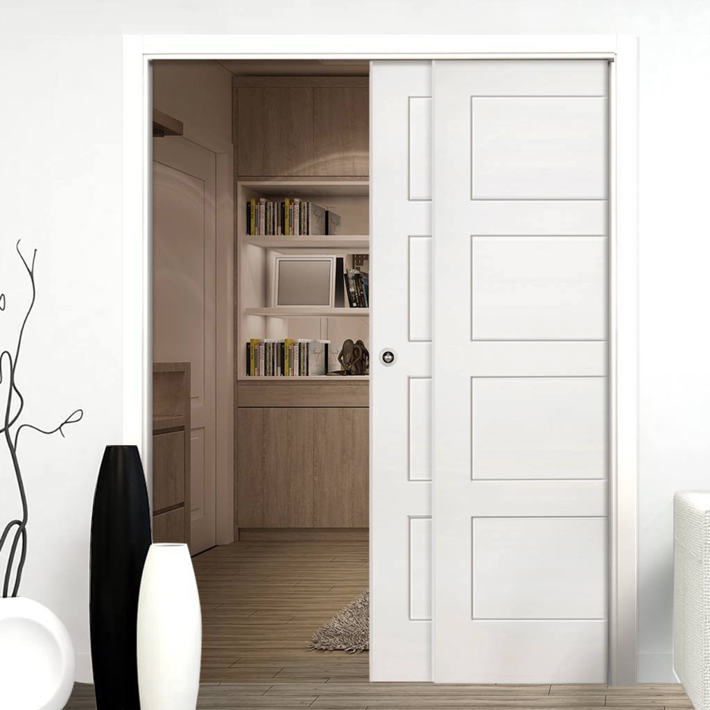 Coventry Shaker Staffetta Twin Telescopic Pocket Doors - White Primed