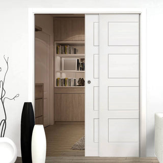 Image: Coventry Shaker Staffetta Twin Telescopic Pocket Doors - White Primed