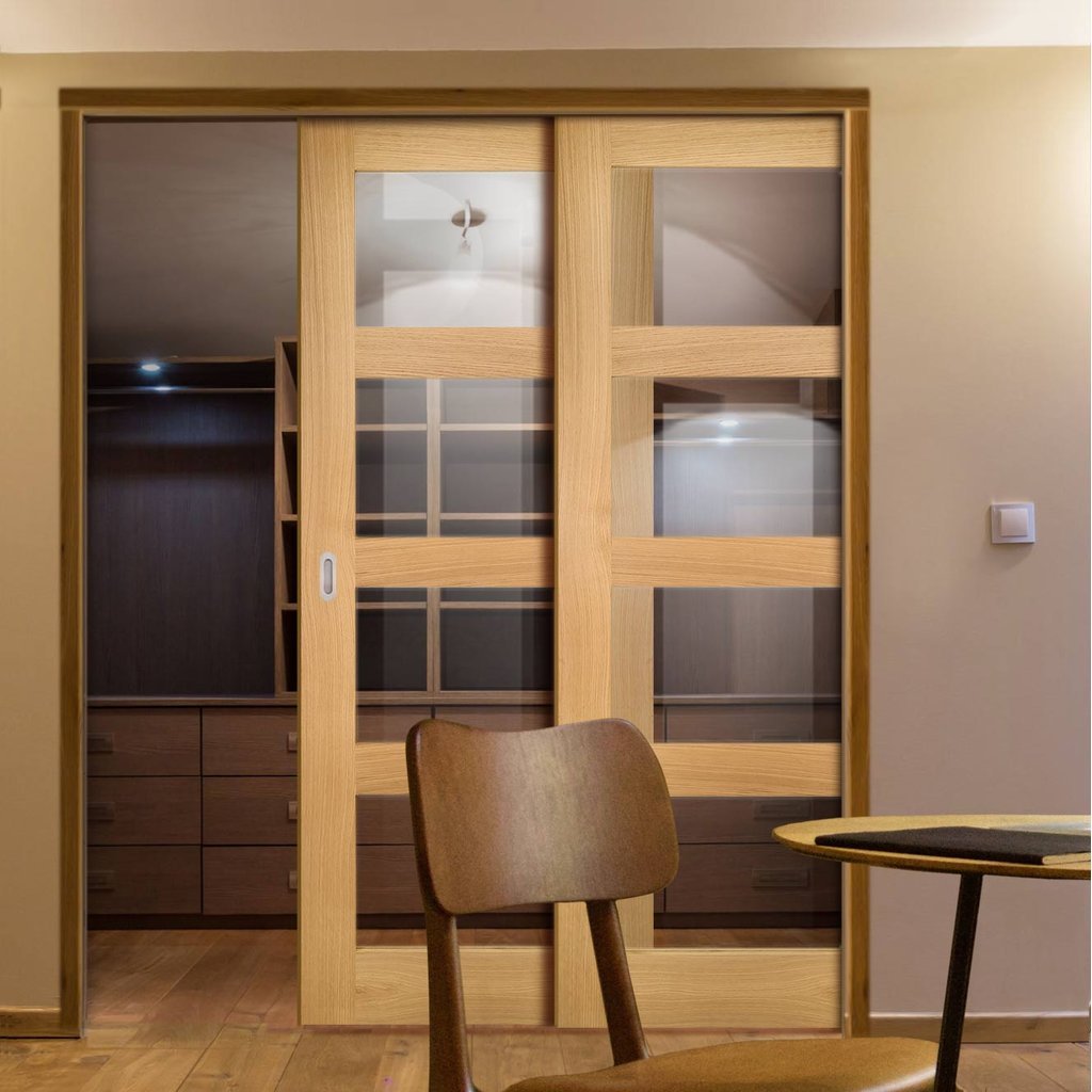 Coventry Shaker Style Oak Veneer Staffetta Twin Telescopic Pocket Doors - Clear Glass - Unfinished