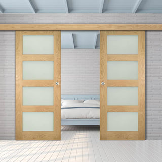 Image: Double Sliding Door & Wall Track - Coventry Oak Door - Frosted Glass - Prefinished