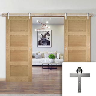 Image: Double Sliding Door & Stainless Barn Steel Track - Coventry Shaker Style Oak Door - Unfinished
