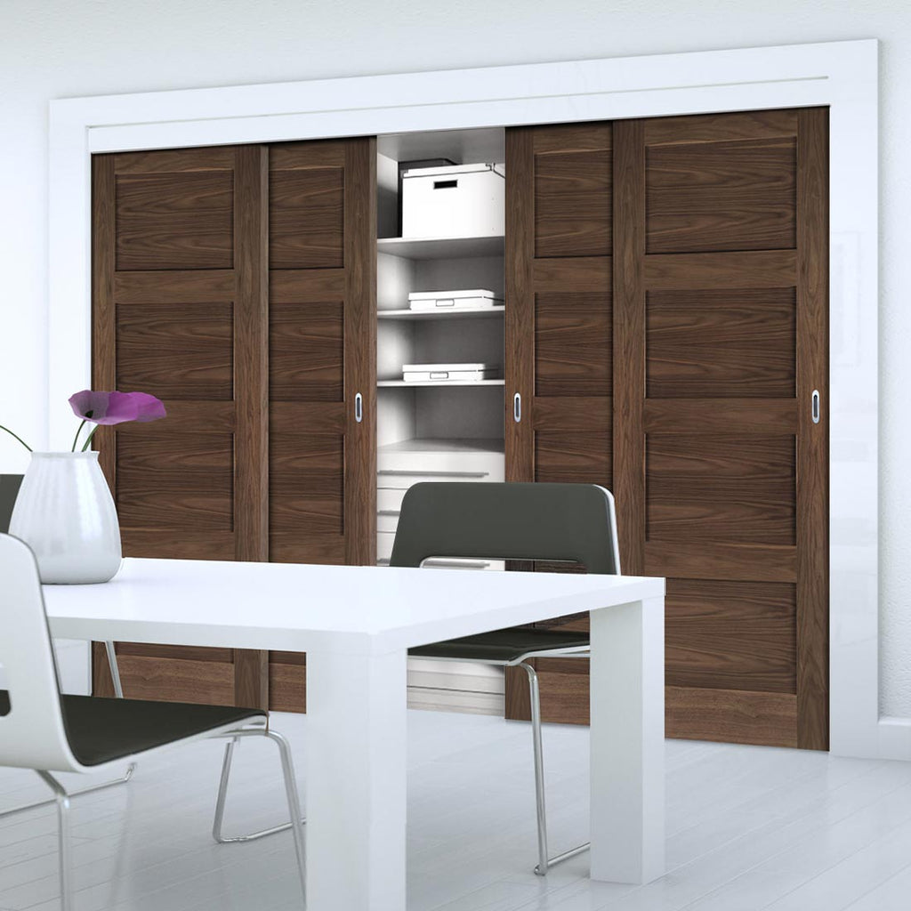 Four Sliding Maximal Wardrobe Doors & Frame Kit - Coventry Prefinished Walnut Shaker Style Door