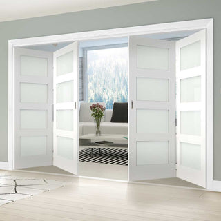 Image: Four Folding Doors & Frame Kit - Coventry Shaker 2+2 - Frosted Glass - White Primed