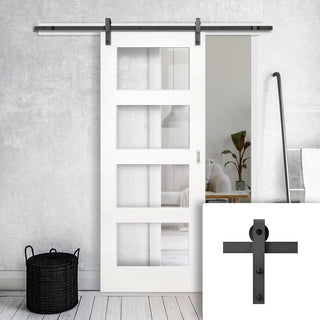 Image: Single Sliding Door & Black Barn Track - Coventry White Primed Shaker Door - Clear Glass