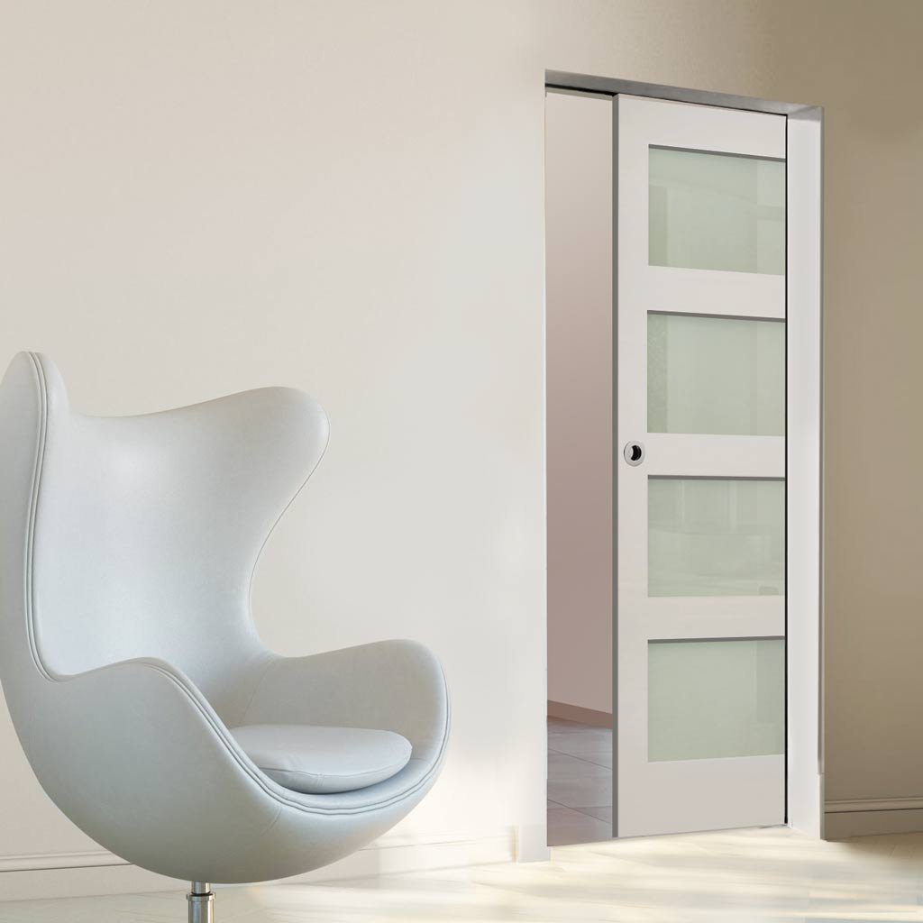 Coventry Shaker Absolute Evokit Single Pocket Door - Frosted Glass - White Primed