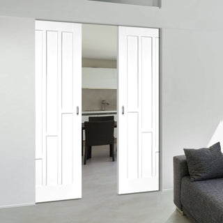 Image: Coventry Style White Primed Panel Absolute Evokit Double Pocket Doors - White Primed
