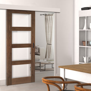 Image: Single Sliding Door & Wall Track - Coventry Prefinished Walnut Shaker Style Door - Clear Glass