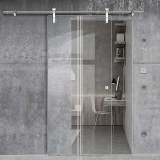 Image: Single Glass Sliding Door - Solaris Tubular Stainless Steel Sliding Track & Crichton 8mm Clear Glass - Obscure Printed Design
