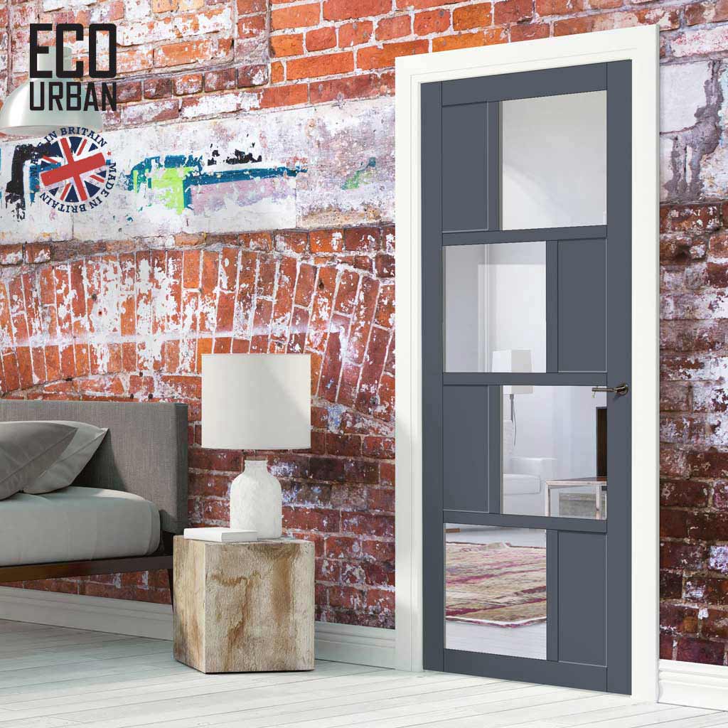 Handmade Eco-Urban Cusco 4 Pane 4 Panel Solid Wood Internal Door UK Made DD6416G Clear Glass - Eco-Urban® Stormy Grey Premium Primed