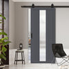 Top Mounted Black Sliding Track & Solid Wood Door - Eco-Urban® Cornwall 1 Pane 2 Panel Solid Wood Door DD6404SG Frosted Glass - Stormy Grey Premium Primed