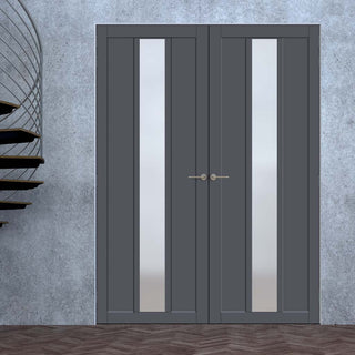 Image: Eco-Urban Cornwall 1 Pane 2 Panel Solid Wood Internal Door Pair UK Made DD6404SG Frosted Glass - Eco-Urban® Stormy Grey Premium Primed