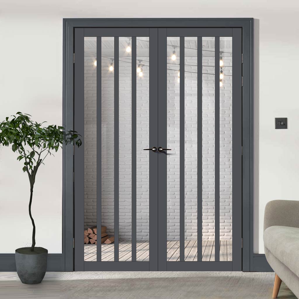 Eco-Urban Sintra 4 Pane Solid Wood Internal Door Pair UK Made DD6428G Clear Glass - Eco-Urban® Stormy Grey Premium Primed