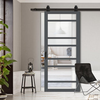 Image: Bespoke Top Mounted Sliding Track & Solid Wood Door - Eco-Urban® Metropolitan 7 Pane Door DD6405G Clear Glass - Premium Primed Colour Options