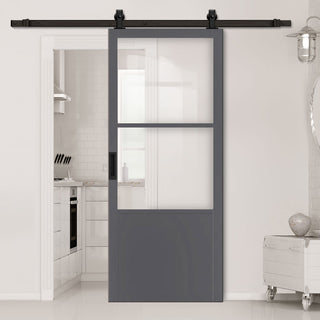 Image: Bespoke Top Mounted Sliding Track & Solid Wood Door - Eco-Urban® Berkley 2 Pane 1 Panel Door DD6309G - Clear Glass - Premium Primed Colour Options