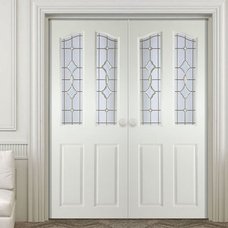 Image: Swept Top Internal PVC Door Pair - Brechin Andromeda Bevel Glass and Leadwork